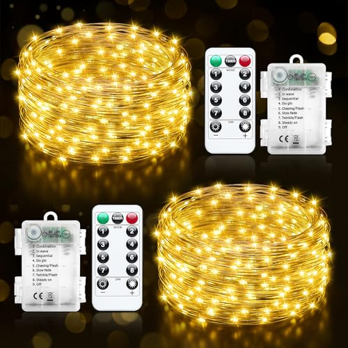Buudala Lichterkette Batterie, 2x10M 100LED Lichterkette mit Fernbedienung und Timer, 8 Modi Wasserdicht Warmweiß Lichterkette Außen Innen für Party Hochzeit Weihnachten Garten Deko