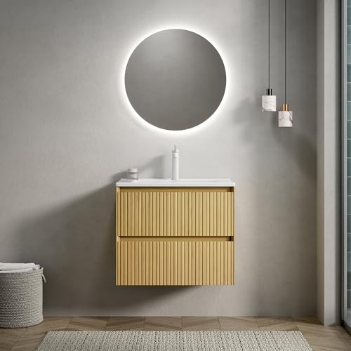 Wandmontage Badezimmer Waschtisch Set,rechteckiges Keramik-Integrationsbecken,gestreifter Sperrholz Unterschrank,zwei Schubladen,vormontiert,Holzmaserung Optik,Soft-Close Führung (Natur,61cm)