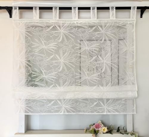 Vordesack Amerikanische Jacquard Raffrollo mit Ahornblatt Muster transparente Raffgardine mit Schlaufen Vorhang Rollo ohne Bohren Modern Weiß 1 Stück Höhe x Breite 140x120cm
