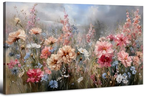 AIYISU Tableau sur Toile Fleurs Roses 50 x 100 cm, Impression sur Toile Fleurs Pastel Paysage, Tableau Mural Florale, Tableau Decoration Murale Fleurs Roses Abstrait, Décoration Murale Salon Chambre