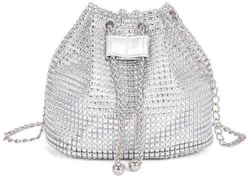 BWOOOWE Handtasche Damen Klein Strass Glitzer Beuteltasche mit Kette Abendtasche Tasche Clutch Silber Umhängetasche Damentasche Partytasche für Hochzeit Party Fest