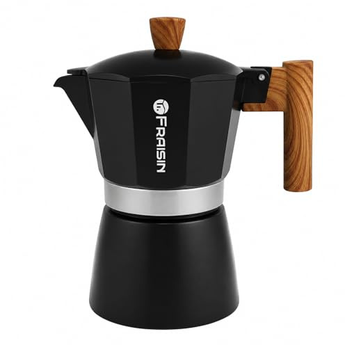 FRAISIN Stovetop Espresso Moka Pot Coffee Maker, Non-slip Wood Grain Handle, Cast Aluminum, Compatible with Gas, and Electric Stoves (Black, 6 cups)