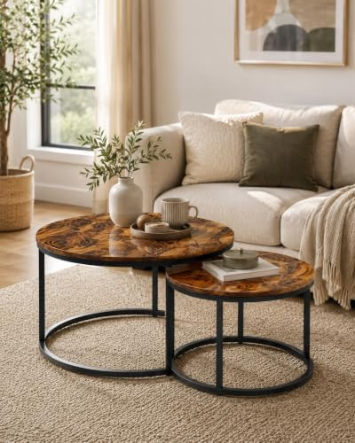 Amveya Juego de 2 mesas de centro redondas, mesa de salón redonda, mesa de café con patrón de madera marrón, mesa auxiliar de cristal para salón con marco negro, 70 + 50 cm