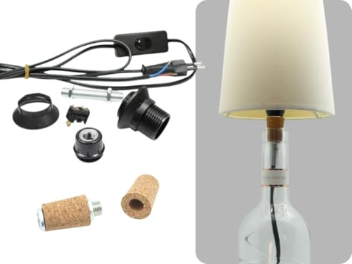 DIY Flaschenlampe Set – E14 Lampenfassung mit Kabel & gebohrtem Korken – Für individuelle Lampen aus Flaschen – Schwarz – inkl. Anleitung – Hanna’s Laden (20/17mm Ø x 27mm)