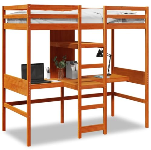PUGYNBK Solid Pine Loft Bed Frame with Built-in Desk and Storage, Ladder and Guardrails, Wax Brown Finish, 80x200cm Bed Frame without Mattress
