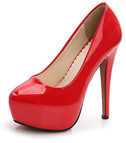 OCHENTA Women's Round Toe Stiletto High Heel Platform Slip On Pumps Red Asian Size 37 - UK B(M) 4.5