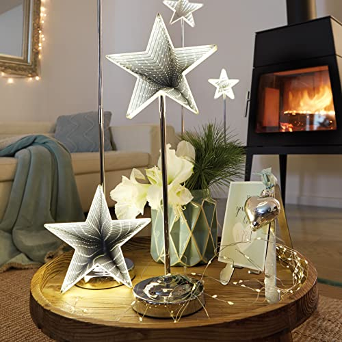 hellum LED Stern mit Infinity Effekt, Leuchtstern batteriebetrieben (3xAA nicht inkl.), Stern beleuchtet mit Timer Ø20x49cm, Weihnachtsdeko innen, Fenster, beleuchtet für innen 522563