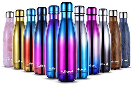 willceal Stainless Steel Double Wall Vacuum Insulated Water Bottles 500ml, Leak Proof Keep Cold and Hot Drinks Bottle for Outdoor Sports Camping (Purple+Red+Blue)