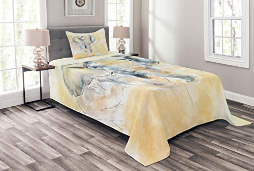 ABAKUHAUS Elefant Tagesdecke Set, Exotische Wildlife Safari, Set mit Kissenbezug farbfester Digitaldruck, für Einzelbetten 170 x 220 cm, Creme Grau