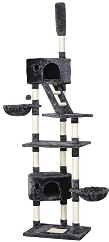 Yaheetech Floor to Ceiling Cat Tree, 228-255cm Height Adjustable Tall Tower for Indoor Cats, Scratching Post with Condos Baskets and Ladder