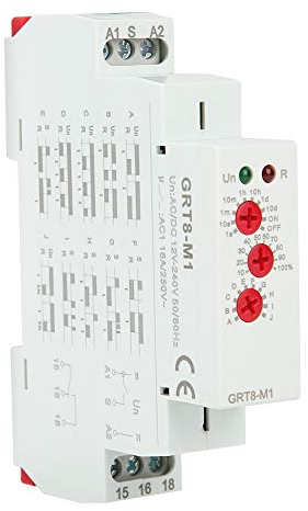 Relé de Tiempo Multifuncional GRT8 M1, Relé Temporizador Retardo 12V a 240V AC DC con 10 Funciones, Montaje en Riel DIN 35 mm, Mini Temporizador Industrial para Automatización y Control Eléctrico