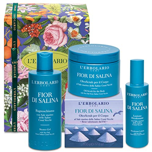 L' Erbolario Confezione Regalo FIOR DI SALINA Corpo - Bagnoschiuma 250ml + OleoScrub Corpo 500gr + Lozione Deodorante 200ml - Con Sale Marino