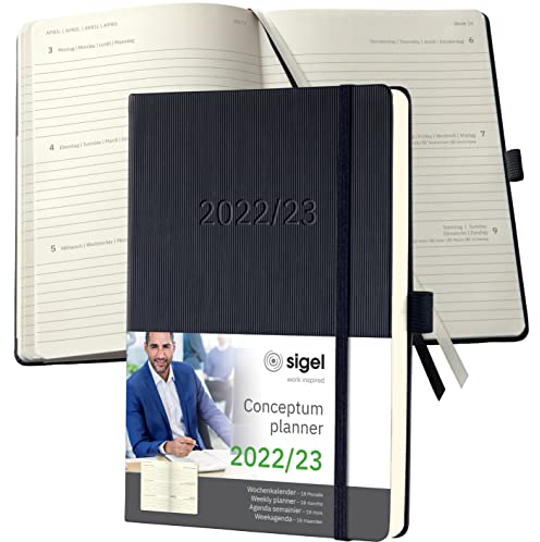 SIGEL C2301 Terminplaner Wochenkalender 2022/2023 - ca. A5 - schwarz - Hardcover - Gummiband, Stiftschlaufe, Archivtasche - PEFC-zertifiziert - 18-Monatskalender - Conceptum