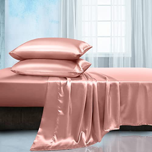 Manyshofu Parure de lit 4 pièces en satin pour très grand lit (1 drap-housse en satin, 1 drap plat, 2 taies d'oreiller), or rose rafraîchissant