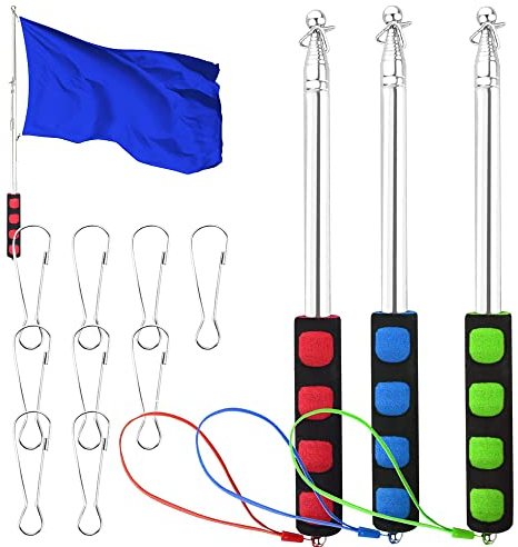 Dantolo Pack of 3 Telescopic Flagpole, Portable Rod 2 m Handheld Flagpole Flagpole Accessories Stainless Steel Set with 9 Clips Hooks for Travel Camping Excursions Competitions Travel Guide Teacher