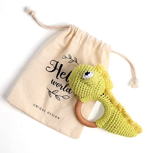 Youuys Babyrassel Gehäkelte Holz Häkeln Tiere Greifling Baby Holz Rassel Baby mit Sound Handmade Rassel für Neugeborenes Baby Geschenk Junge und Mädchen Geschenk zur Geburt (Dinosaurier)