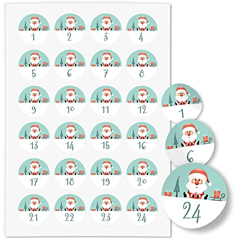 Adventskalender-Zahlen Aufkleber 1 bis 24 / Modern Türkis Weihnachtsmann Kinder Jungen Mädchen/Etiketten/Sticker/Weihnachtskalender/Advent/Rund/DIY/zum Aufkleben