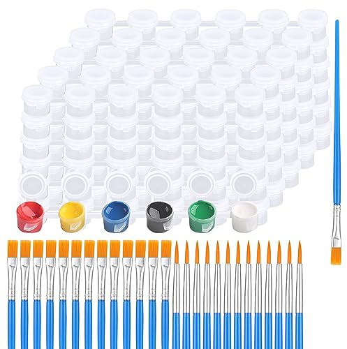 APACALI 50 Strips 300 Pots 3ml/0.1 oz Empty Paint Strips and 40 PCS Flat and Round Paint Brushes Kits, Paint Pots Strips with Paint Brushes Set, Plastic Storage Container for School Painting Art Craft