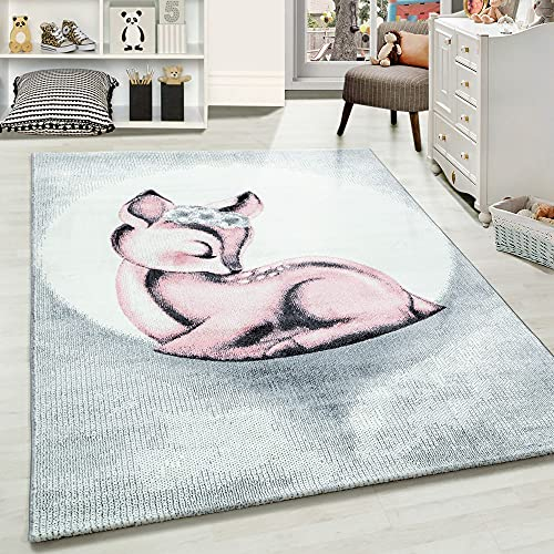 Carpetsale24 Kinderteppich Modern Rehkitz Design Pink und Grau 140 x 200 cm - Kurzflor Teppich Kinderzimmer Waschbarer Spielteppich Babyteppich für Junge und Mädchen Weich und Antiallergen Rechteckig
