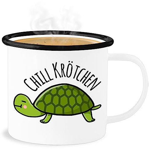 Emaille Becher Blechbecher - Statement - Chill Krötchen Schildkröte - 300 ml - Weiß Schwarz - statements kröte tasse frohes neues jahr chillen new year chiller mit chillkröte schildkroete