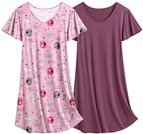 Ekouaer Chemises de Nuit à Manches Courtes pour Femmes 2 pièces Chemise de Nuit Mignonne d'été Chat + Violet L