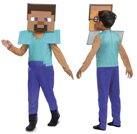 Minecraft Steve Verkleidung für Kinder, offizielles Minecraft Dress Up für Jungen, inspiriert von Minecraft Film, inklusive Steve Maske, Pixel-Details, für Kinder von 4–6, 7–8 und 10–12 Jahren