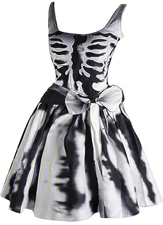 riou Halloween Kleid Damen Vampir Skelett Swing Kleider A-Linie High Waist Rockabilly Cocktailkleid ärmellos Rundhalsausschnitt Aufdruck Partykleid Festlich Kostüm Brautkleid