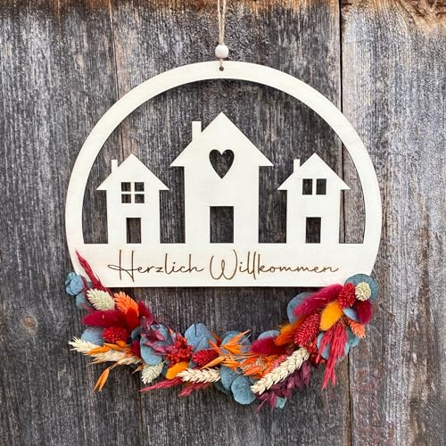 Willkommensschild - Trockenblumenkranz - Türkranz Trockenblumen - Herzlich Willkommen bei - Türkranz personalisierbar - Türhänger Familie (30cm, Bordeaux/Orange)