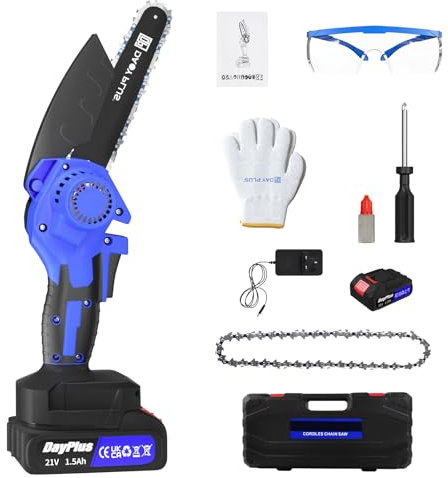 Huini Blue Cordless Chainsaw, with 2X 1500mAh Lithium-Ion Batteries and 2X Chains, 6 Inch Brushless Chainsaw, Handheld Chainsaw, Suitable for Pruning and Logging, Charger Included