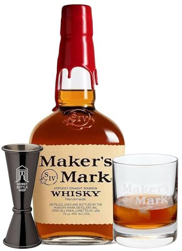 Maker's Mark Glass & Jigger Gift Set - Containing 1 x Maker's Mark Bourbon 70cl, 1 x Maker's Mark Glass, 1 x Secret Bottle Shop Jigger - Alcohol Gift Sets for Men
