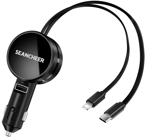 SEANCHEER Retractable Car Charger Andriod 30W Lightning 12W for 12V Vehicles 3 in 1 Fast Charger adapter Retractable Charging Cables 31.5inches Simultaneously Charge 3 Devices Mini Size Easy to carry