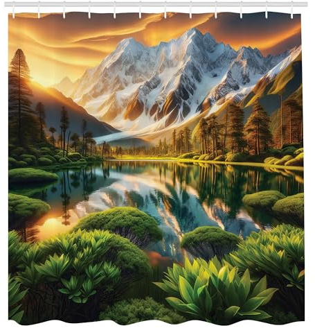 ABAKUHAUS See Duschvorhang, Naturszene am Morgen Schneebedeckte Berggipfel Wald Büsche Wasserreflexionen, Stoffliches Gewebe Badezimmerdekorationsset mit Haken, 175 x 200 cm, Pfirsich Grün Rehbraun