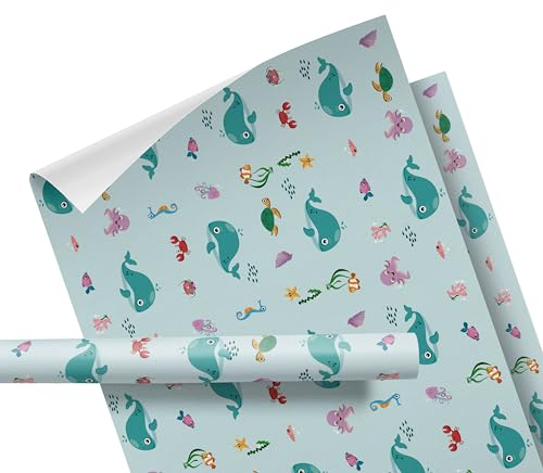 Geschenkpapier Kinder – Motiv: Meerestiere, blau – für Geschenke zum Geburtstag oder zu Weihnachten – Geschenkpapier für Mädchen und Jungen – Rolle: 47 cm breit, 3 m lang - Geschenkverpackung