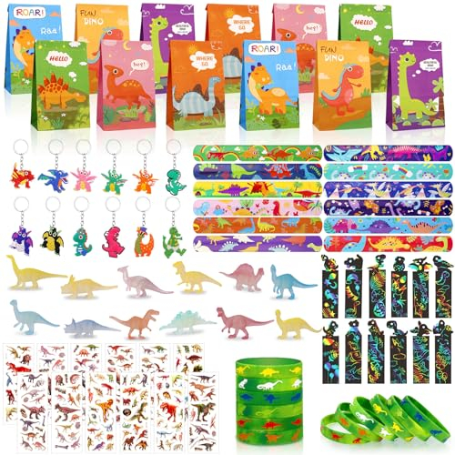 Jostift 96 Pcs Dinosaurier Party Mitgebsel Kindergeburtstag, Dino Geburtstag Deko Dino Deko Kindergeburtstag mit Dino Schlüsselanhänger Schnapparmband Geschenktüte Mini Dinos Figuren