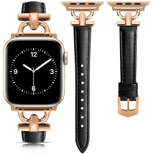 mxiixnai Leather Strap Compatible with Apple Watch Straps 44mm 45mm 49mm 46mm 42mm Women, Slim Thin Leather Replacement Strap for iWatch Bands Series 10 9 8 7 6 5 4 3 2 1 SE Ultra 2,Black/Rose Gold