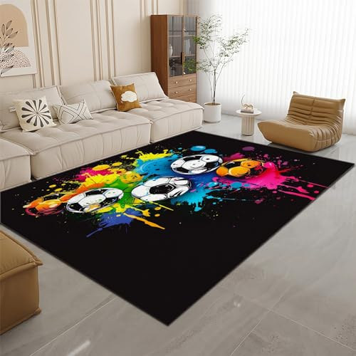 Waschbarer Teppich Wohnzimmer 120 x 170cm Teppich, Schlafzimmer Doodle-Fußball Kurzflor Teppich, Weiche Teppich für Kinderzimmer rutschfest Teppich Flauschiger Teppich