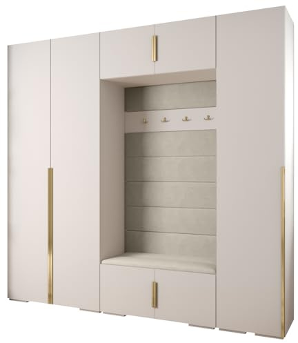 MEBLE KRYSPOL Inova 1 Möbelset - Moderne Garderobe - für Schlafzimmer, Wohnzimmer, Flur, Kinderzimmer - Ankleidemöbel - 236,7x250x47cm - Weiß, Paneele Manila 02, Handgriff Gold