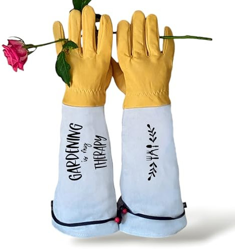 MyOma Dornenfeste Rosenhandschuhe Gardening is my therapy in Größe M, Lange Gartenhandschuhe aus Leder für Damen und Herren, Beschneiden von Rosen, Kakteen und Himbeeren, verstellbarer Bund