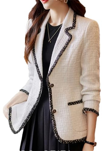 Veste blazer à carreaux pour femme à manches longues simple boutonnage mince, blanc, M