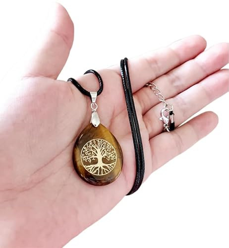 Collier Oeil de tigre pendentif pierre naturelle semi précieuses Arbre de Vie femme et homme sur mesure fait main cadeau anniversaire, noel, fête des mères/pères (60, Chaine Cuir Noir)
