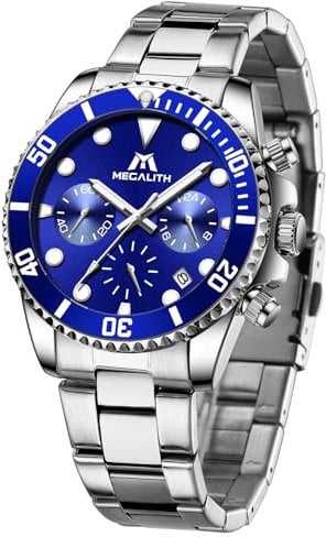 MEGALITH Uhren Herren Edelstahl Armbanduhr: Silber Blau Quarz Herrenuhr 40mm - Chronograph Männer Uhr Datum Leuchtende Wasserdicht