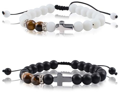 WANDIC 2 Pcs Cross Beads Bracelet, Frosted Braided Rope Elastic Christian Bracelet Adjustable Cross Jesus Wristband for Jewelry Presents