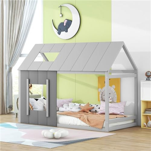 Einzelbett Aus Holz Mit Dach Und Fenster, Bodenstehendes Kinderbett Mit Lattenrost Und Untergestell, 90x200 cm, Geeignet Für Jugend- Und Kinderzimmer(Color:Grau)