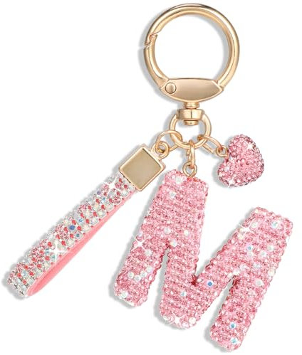 MWOOT Rosa Auto Schlüsselanhänger, Geschenk für Frauen Mädchen, Anfangsbuchstabe Schlüsselanhänger, Süß Bling Schlüsselringe Bling Buchstabe Anhänger Geldbörse Rucksack Handtasche Charms