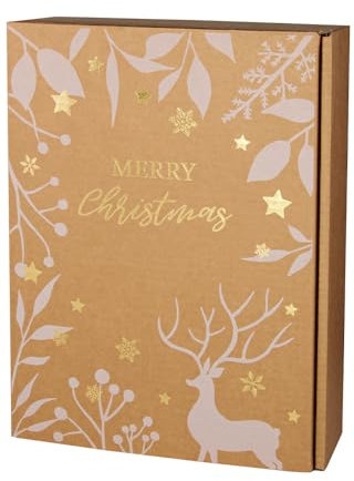 Wein Geschenkkarton Weihnachten, für 3 Flaschen - Natur & Gold, FSC zertifiziert, Präsentschatulle mit Trenneinlage für Weinflaschen, Weihnachtsmotiv