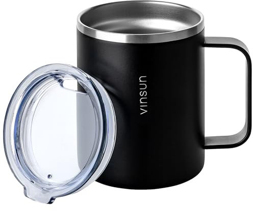 VINSUN Thermobecher mit Henkel 350ml - Edelstahl, doppelwandig isoliert - Deckel mit Trinköffnung - isolierte Kaffeetasse für Büro, Camping, Picknick