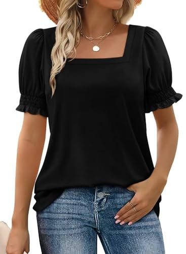 WIHOLL Summer Tops for Women Clothing Ladies Square Neck Shirts Ruffle Trim Clothes Short Sleeve Tshirt Black S