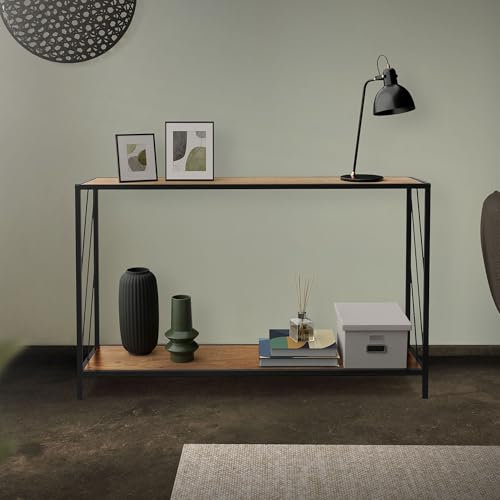 ML-Design Table Console 120x33,5x75 cm, Marron/Noir, Aspect Chêne Rustique, Cadre en Acier et Plateau en Bois Aggloméré avec Revêtement Mélaminé, 2 Etagères, d'Appoint Entrée Couloir Déco
