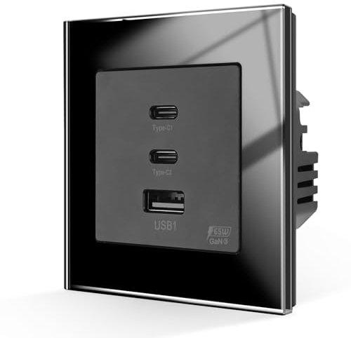 CNBINGO USB C Ladegerät, Schnellladesteckdose Unterputz, GaN PD 65W 3 Ports Charger, Wandladesteckdose mit gehärteter Glasplatte, Kompatibel mit iPhone, iPad, Android