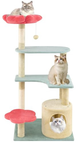 COSTWAY Cat Tree, 123cm Tall Cats Tower with Flower-Shaped Plush Padded Perch, Jumping Platforms, Condo, Sisal Scratching Posts & Dangling Ball, Multi-level Kitty Activity Center for Indoor Cats